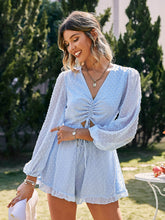 Load image into Gallery viewer, Swiss Dot Cutout Drawstring Detail Ruffle Hem Romper