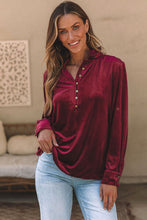 Load image into Gallery viewer, Notched Neck Buttoned Long Sleeve Velvet Blouse