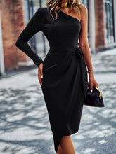 Load image into Gallery viewer, One-Shoulder Pleated Detail Belted Dress