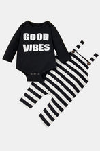 Load image into Gallery viewer, Baby Girl GOOD VIBES Bodysuit and Striped Overalls Set