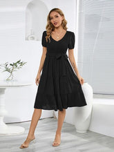Load image into Gallery viewer, Smocked Tie Front Short Sleeve Tiered Dress