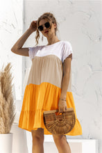 Load image into Gallery viewer, Color Block Round Neck Ruffle Hem Dress