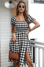 Load image into Gallery viewer, Gingham Smocked Ruffle Sleeve Slit Midi Dress