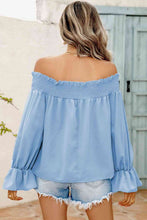 Load image into Gallery viewer, Off-Shoulder Flare Sleeve Smocked Neck Blouse