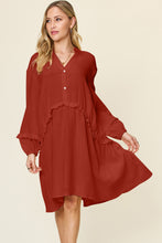 Load image into Gallery viewer, Double Take Full Size Texture Half Button Ruffle Trim Dress
