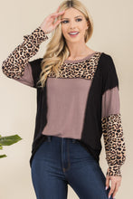 Load image into Gallery viewer, Celeste Full Size Leopard Color Block Exposed Seam T-Shirt
