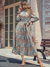 Load image into Gallery viewer, Perfee Tied Pleated Printed Mock Neck Long Sleeve Dress
