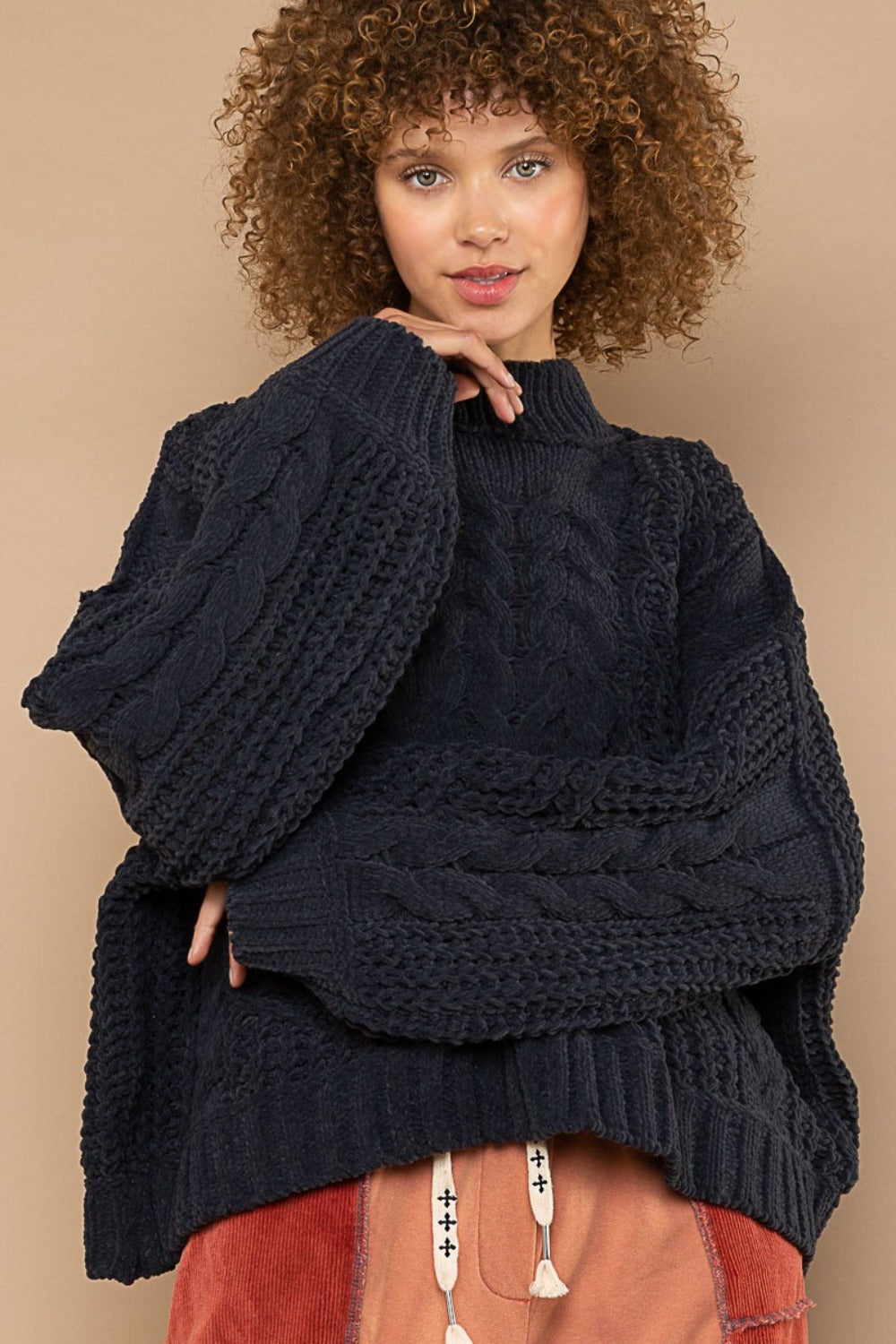 POL Mock Neck Cable Knit Sweater