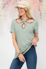 Load image into Gallery viewer, Celeste Full Size Crisscross Cutout Leopard Contrast Trim T-Shirt
