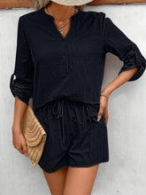 Load image into Gallery viewer, Notched Long Sleeve Top and Shorts Set
