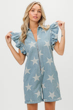 Load image into Gallery viewer, BiBi Ruffled Star Half Zip Denim Romper
