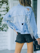 Load image into Gallery viewer, Distressed Fringe Denim Jacket
