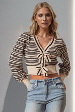 Load image into Gallery viewer, Double Take Full Size Striped Bow Decor Cropped Cardigan

