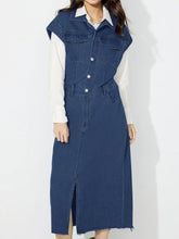 Load image into Gallery viewer, Slit Half Button Collared Neck Cap Sleeve Denim Dress
