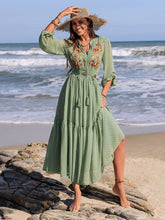 Load image into Gallery viewer, Embroidered Polka Dot Tie Neck Long Sleeve Midi Dress
