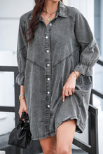 Load image into Gallery viewer, Distressed Collared Neck Flounce Sleeve Denim Dress
