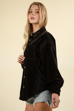 Load image into Gallery viewer, VERY J Mixed Media Button Down Raw Hem Shacket
