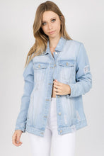 Load image into Gallery viewer, American Bazi Letter Patched Distressed Denim Jacket
