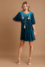 Load image into Gallery viewer, Umgee Embroidered Half Sleeve Velvet Mini Dress with Tassel
