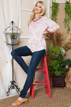 Load image into Gallery viewer, Celeste Full Size Leaf Print Contrast Trim Balloon Sleeve Top
