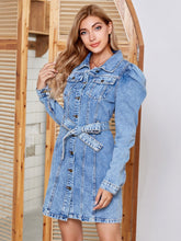 Load image into Gallery viewer, Tied Button Up Collared Neck Denim Dress
