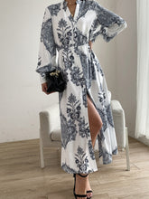 Load image into Gallery viewer, Printed Notched Lantern Sleeve Midi Dress
