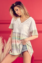 Load image into Gallery viewer, BiBi Striped Exposed Seam V-Neck Short Sleeve Blouse
