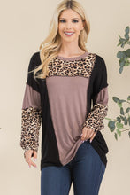 Load image into Gallery viewer, Celeste Full Size Leopard Color Block Exposed Seam T-Shirt
