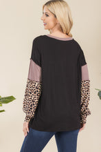 Load image into Gallery viewer, Celeste Full Size Leopard Color Block Exposed Seam T-Shirt
