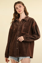 Load image into Gallery viewer, VERY J Mixed Media Button Down Raw Hem Shacket
