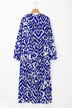 Load image into Gallery viewer, Tiered Printed Notched Long Sleeve Midi Dress
