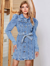 Load image into Gallery viewer, Tied Button Up Collared Neck Denim Dress
