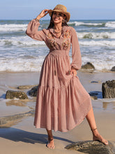 Load image into Gallery viewer, Embroidered Polka Dot Tie Neck Long Sleeve Midi Dress
