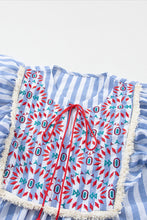 Load image into Gallery viewer, Embroidered Tassel Striped Tie Neck Blouse
