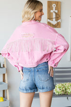 Load image into Gallery viewer, Veveret Fringe Distressed Button Up Denim Jacket
