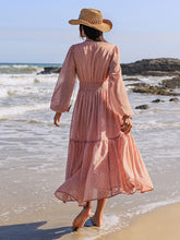 Load image into Gallery viewer, Embroidered Polka Dot Tie Neck Long Sleeve Midi Dress
