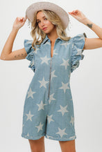 Load image into Gallery viewer, BiBi Ruffled Star Half Zip Denim Romper

