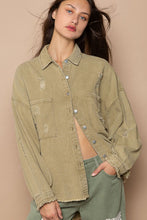 Load image into Gallery viewer, POL Button Down Raw Hem Distressed Shacket
