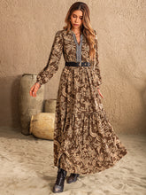 Load image into Gallery viewer, Ruched Printed Notched Long Sleeve Maxi Dress
