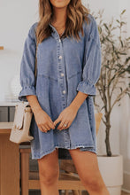 Load image into Gallery viewer, Distressed Collared Neck Flounce Sleeve Denim Dress
