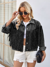 Load image into Gallery viewer, Tassel Button Up Dropped Shoulder Denim Jacket
