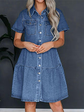 Load image into Gallery viewer, Pocketed Button Up Collared Neck Short Sleeve Denim Dress
