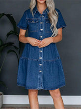 Load image into Gallery viewer, Pocketed Button Up Collared Neck Short Sleeve Denim Dress
