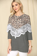 Load image into Gallery viewer, Celeste Full Size Leopard Spliced Stripe T-Shirt with Lace Detail
