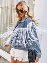 Load image into Gallery viewer, Tassel Button Up Dropped Shoulder Denim Jacket
