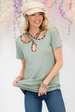 Load image into Gallery viewer, Celeste Full Size Crisscross Cutout Leopard Contrast Trim T-Shirt

