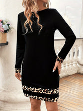 Load image into Gallery viewer, Leopard Trim Round Neck Long Sleeve Mini Dress
