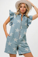 Load image into Gallery viewer, BiBi Ruffled Star Half Zip Denim Romper

