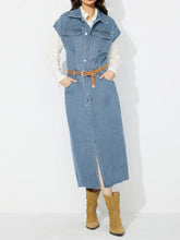 Load image into Gallery viewer, Slit Half Button Collared Neck Cap Sleeve Denim Dress
