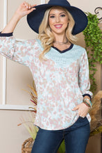 Load image into Gallery viewer, Celeste Full Size Leaf Print Contrast Trim Balloon Sleeve Top

